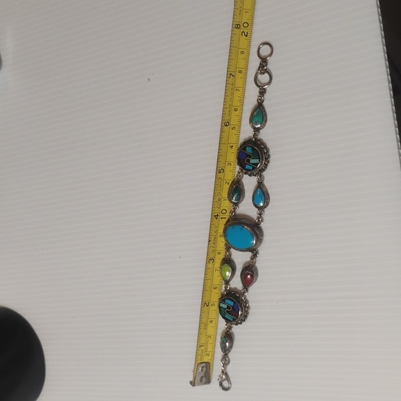 Vintage Mexico Turquoise And Inlaid Stone Silver Bracelet RARE - Picture 10 of 10